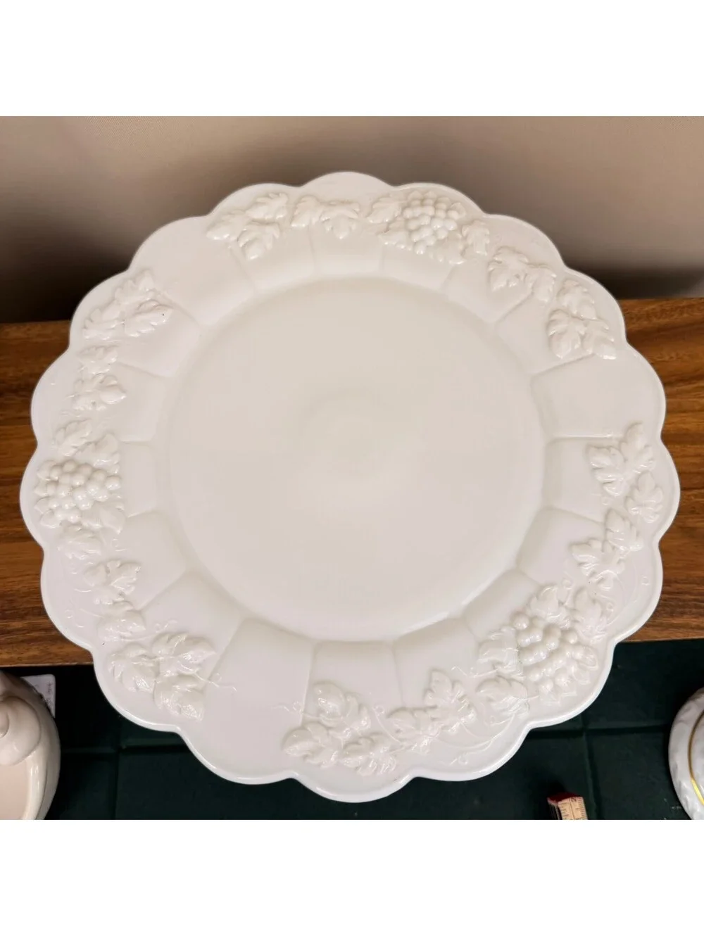 Vintage Westmoreland White Milk Glass Pedestal Cake Stand Paneled Grape & Leaf